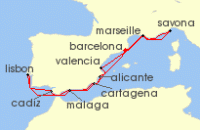 Cruise itinerary map for Costa Cruises 12 Night Western Mediterranean from Barcelona (138873)