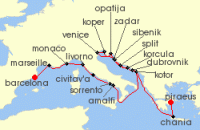Cruise itinerary map for Azamara Cruises 21 Night Cruise France, Italy & Croatia Cruise: Marseille, Sorrento & Split (134251)