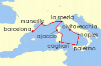 Cruise itinerary map for Oceania Cruises 7 Night Mediterranean Holiday Barcelona to Rome (126100)