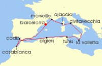 Cruise itinerary map for Viking Cruises 15 Night Malta, Morocco & The Mediterranean (139206)