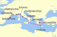 Cruise itinerary map for Viking Cruises 14 Night Mediterranean Antiquities (121454)