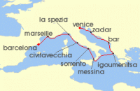 Cruise itinerary map for Oceania Cruises 9 Night Romantic Locales & Canals Barcelona to Venice (138327)