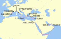 Cruise itinerary map for MSC Cruises 20 Night MSC Grand Voyages (133928)