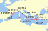 Cruise itinerary map for Costa Cruises 14 Night Eastern Mediterranean from Barcelona (128476)