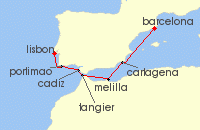 Cruise itinerary map for Crystal Cruises 7 Night Europe & Mediterranean - Barcelona To Lisbon (130957)