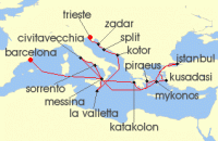Cruise itinerary map for Cunard Line 21 Night Greece (134841)