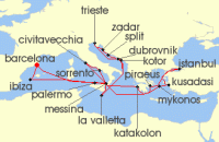 Cruise itinerary map for Cunard Line 28 Night Mediterranean (134902)