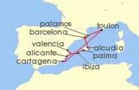 Cruise itinerary map for Silversea Cruises 10 Night Barcelona To Barcelona (139980)
