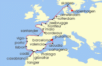 Cruise itinerary map for Silversea Cruises 28 Night Barcelona To Copenhagen (141011)