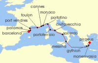 Cruise itinerary map for Windstar Cruises 15 Night Star Collector: Riches of the Rivieras, Romans, and Greeks (138402)