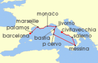 Cruise itinerary map for Oceania Cruises 10 Night Croissants & Cannoli Barcelona to Rome (138778)