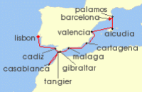 Cruise itinerary map for Silversea Cruises 12 Night Barcelona To Lisbon (140812)