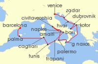 Cruise itinerary map for Silversea Cruises 17 Night Barcelona To Fusina (Venice) (139559)
