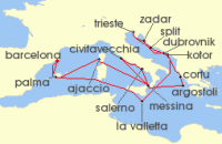 Cruise itinerary map for Cunard Line 21 Night Adriatic And Western Mediterranean (131435)