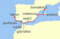 Cruise itinerary map for Norwegian Cruise Line 7 Night Mediterranean from Barcelona to Lisbon: Spain & Portugal (124635)