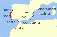 Cruise itinerary map for Silversea Cruises 10 Night Barcelona To Lisbon (139964)
