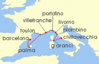 Cruise itinerary map for Regent Seven Seas Cruises 9 Night Toast To Toulon Barcelona To Rome (Civitavecchia) (136313)