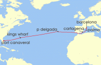 Cruise itinerary map for Royal Caribbean Cruises 13 Night Spain, & Bermuda Transatlantic (131602)