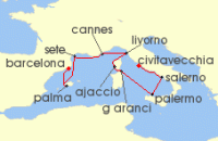 Cruise itinerary map for Oceania Cruises 9 Night Mediterranean Masterpieces Barcelona to Rome (138255)