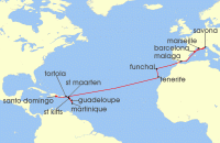 Cruise itinerary map for Costa Cruises 19 Night Transoceanic from Barcelona (140637)