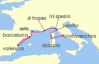 Cruise itinerary map for Oceania Cruises 7 Night Relaxing Rivieras Barcelona to Rome (138258)