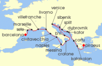Cruise itinerary map for Viking Cruises 21 Night Mediterranean & Adriatic Sojourn (114386)