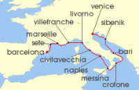 Cruise itinerary map for Viking Cruises 14 Night Mediterranean & Italian Sojourn (114389)