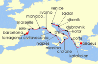 Cruise itinerary map for Viking Cruises 21 Night Mediterranean & Adriatic Sojourn (141354)