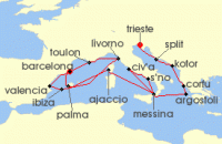 Cruise itinerary map for Cunard Line 21 Night Adriatic And Western Mediterranean (127243)