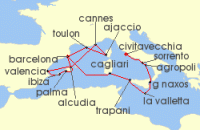Cruise itinerary map for Silversea Cruises 17 Night Barcelona To Civitavecchia (Rome) (140883)