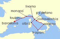 Cruise itinerary map for Crystal Cruises 9 Night Europe & Mediterranean - Barcelona To Civitavecchia Rome (133755)
