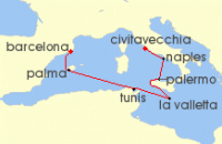 Cruise itinerary map for Norwegian Cruise Line 7 Night Mediterranean From Barcelona To Rome: Italy, Spain & Tunisia (138758)