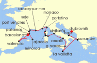 Cruise itinerary map for Seabourn 22 Night Solar Eclipse: Spain, France & Italy (138197)