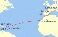 Cruise itinerary map for Viking Cruises 14 Night West Indies To Iberia (134304)