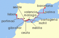 Cruise itinerary map for Azamara Cruises 14 Night Cruise Spain & Portugal Cruise: Valencia, Seville & Lisbon (140552)