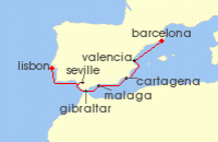 Cruise itinerary map for Azamara Cruises 8 Night Cruise Spain & Portugal Cruise: Barcelona, Seville & Lisbon (100390)