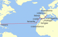 Cruise itinerary map for Silversea Cruises 23 Night Barcelona To Miami, Fl (139262)