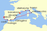 Cruise itinerary map for Oceania Cruises 10 Night Italian & Iberian Radiance Barcelona to Lisbon (136475)