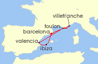 Cruise itinerary map for Virgin Voyages 7 Night French Riviera, Spain & Ibiza Overnight (137670)
