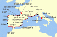 Cruise itinerary map for Windstar Cruises 24 Night Star Collector: Seaside Sophistication of Spain and the French & Italian Rivieras (139902)