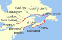 Cruise itinerary map for Azamara Cruises 12 Night Cruise Canada & New England Intensive Cruise: Portland, Saguenay & Montreal (134534)