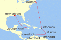Cruise itinerary map for Norwegian Cruise Line 14 Night Caribbean from Boston to New Orleans: Curacao & Aruba (137201)