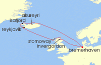 Cruise itinerary map for TUI Cruises 14 Nachte - Islands Naturwunder - Ab/Bis Bremerhaven (141268)