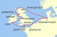 Cruise itinerary map for TUI Cruises 14 Nachte - Rund Um Die Grune Insel - Ab/Bis Bremerhaven (128168)