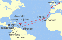 Cruise itinerary map for TUI Cruises 35 Nachte - Traumreise In Die Karibik - Ab/Bis Bremerhaven (132850)