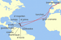 Cruise itinerary map for TUI Cruises 35 Nachte - Traumreise In Die Karibik - Ab/Bis Bremerhaven (137720)