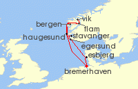 Cruise itinerary map for Phoenix Reisen 8 Nacht Norwegens Scharen- & Fjordkuste (127993)