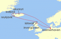 Cruise itinerary map for TUI Cruises 12 Nachte - Islands Naturwunder - Ab/Bis Bremerhaven (141592)