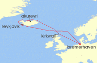 Cruise itinerary map for TUI Cruises 12 Nachte - Islands Naturwunder - Ab/Bis Bremerhaven (141597)