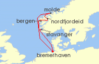 Cruise itinerary map for TUI Cruises 7 Nachte - Norwegens Fjordwelten - Ab/Bis Bremerhaven (131600)